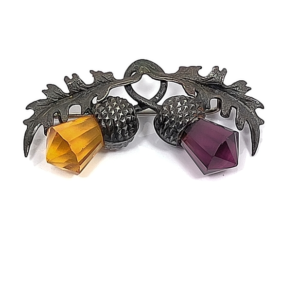 Vintage Jewelry - Vintage purple and yellow glass signed brooch